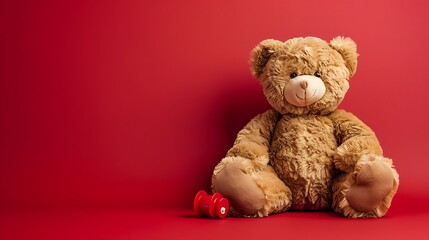 Brown teddy bear isolated on a red background