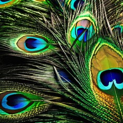 Fototapeta premium A close-up of a peacock feather showcases its vibrant blue and green eye-like patterns