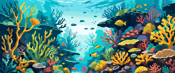 Underwater vector background, banner. Life at sea or ocean bottom. Exotic undersea world with coral reef, colorful fish, cute underwater creatures. Marine landscape, seascape.	