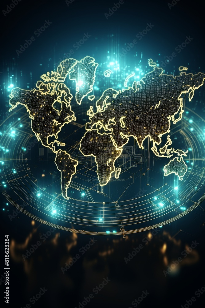 Poster world map made of glowing printed circuits, global network and connectivity.