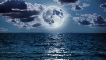 Fototapeta na wymiar Moonlight Shimmer on Endless Tides Nocturnal Serenity, Clouds Adrift AIG50: Tranquil Ocean's Ethereal Glow,moon, sky, sea, water, full, blue, clouds, moonlight, ocean