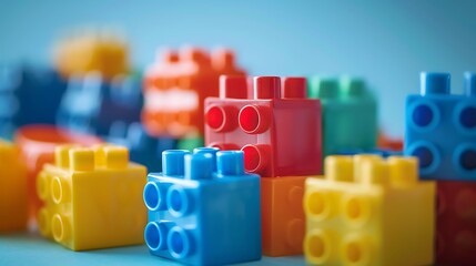 Close up of colorful plastic building block on blue background