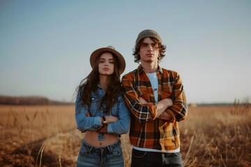 Young Caucasian Couple Standing with Arms Crossed in Rural Field