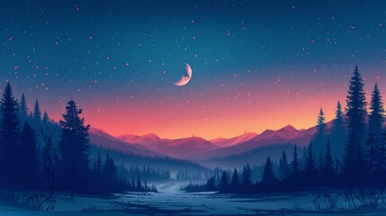 The image is a beautiful landscape of a forest at night