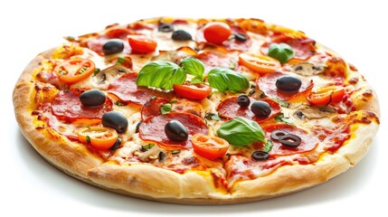 Round pizza with delicious toppings and seasonings. On isolated white background. Generative AI