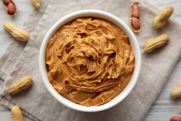Organic Raw Peanut Butter in a Bowl, top view.