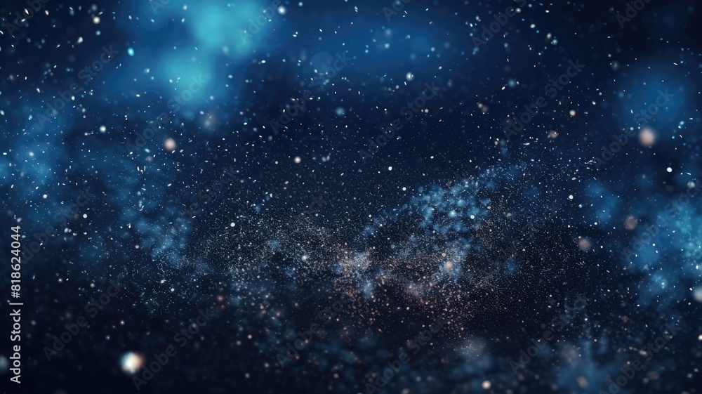 Poster bokeh lights on a gradient blue background. numerous sparkly gold particles of various sizes scatter