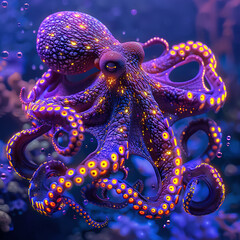 A purple octopus with yellow tentacles swimming in ocean deep
