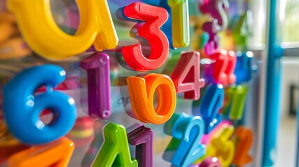 Colored magnetic numbers and mathematical symbols on a refrigerator door