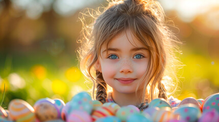 Fototapeta premium Child Girl Holding Easter Eggs in Sunny Backyard 