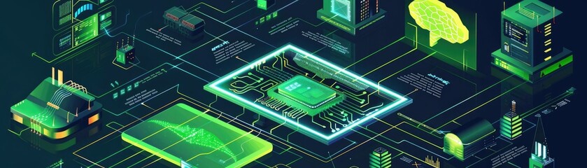 A scientific illustration of AI, featuring a neonlit microchip and interconnected circuit board