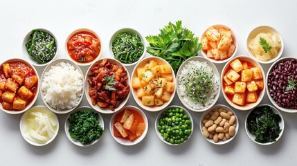A clean and minimalistic arrangement of Korean festival foods on a white background
