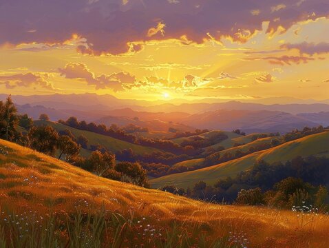 The image shows a beautiful landscape with rolling hills, a setting sun, and a cloudy sky.