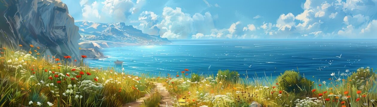 The image shows a beautiful landscape with a cliff, a blue sea, and a meadow full of yellow and white flowers. The sky is blue with some white clouds.