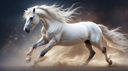 magnificent white horse with a billowing, fanciful mane. Dynamic motion effect on a gentle background in a digital art representation of the elegance and beauty of horses.