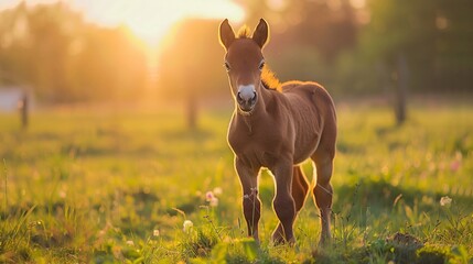Foal on a meadow in the rays of the rising sun, blur effect