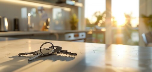 A set of keys resting on a sleek, modern kitchen counter in a newly purchased apartment, with soft morning light streaming through the window