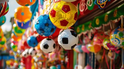 Fototapeta premium Colorful Large Soccer Balls Hanging As Gifts on Carnival