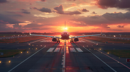 A jetliner approaches the runway at sunset. Generative AI illustration 