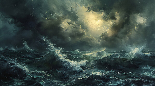 A stormy sea oil painting on canvas, with dark, turbulent waves and a brooding sky
