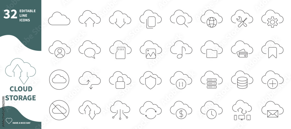 Poster cloud computing and storage icon. set of icons for cloud, storage, offline, database,...