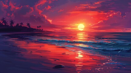 The setting sun casts a pink and purple glow over the ocean. The waves are splashing on the shore. The palm trees are silhouetted against the sky.