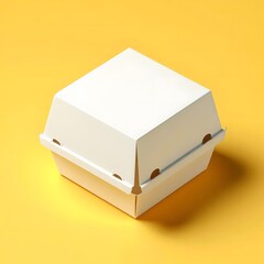 Closed white plain burger box isolated yellow background. Mockup for product package. Generative Ai
