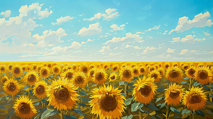 Fototapeta premium A sunflower field oil painting on canvas, with bright yellow flowers under a clear blue sky