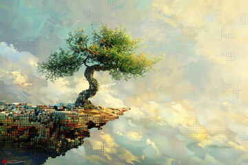 An image of a tree on a cliff in the form of pixels. Place for text.
