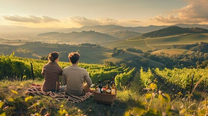 A couple sharing a picnic on a hilltop, overlooking rolling vineyards and distant mountains