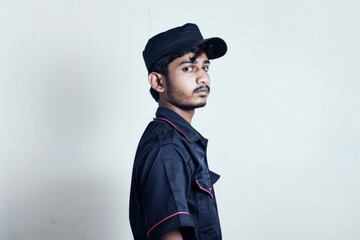 Male 20 years old Indian worker in uniform, young student, first working job, in uniform