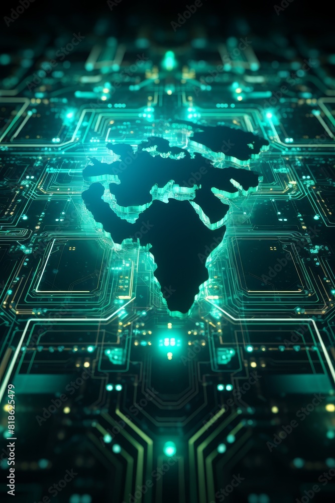 Poster world map made of glowing printed circuits, global network and connectivity.