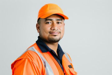 Studio Photography portrait of a  man, approx 25 years old Polynesian worker in safety gear, at work