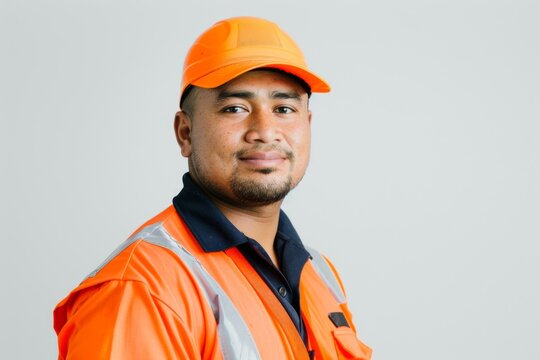 Studio Photography portrait of a  man, approx 25 years old Polynesian worker in safety gear, at work
