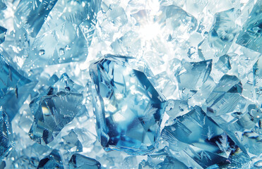 A background of clear blue ice, with scattered fragments of glass and white light shining through. The ice is in sharp focus against the soft bluish color. Created with Ai