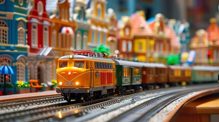 Obraz premium Colroful toy train going through a brick town