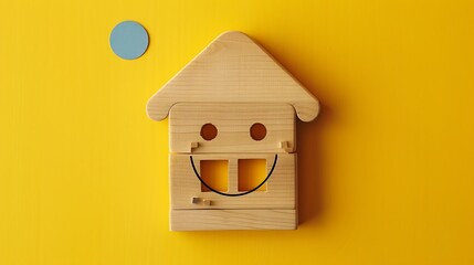 Conditional small house assembled from wooden toy elements with a smiley instead of a window on a yellow background