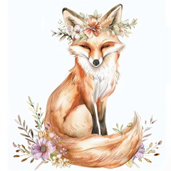 Fototapeta premium A watercolor painting of a fox wearing a flower crown. The fox is sitting down with its tail wrapped around its paws. It is surrounded by flowers and greenery.