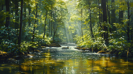 A tranquil river flowing through a dense forest oil painting on canvas, with detailed reflections in the water