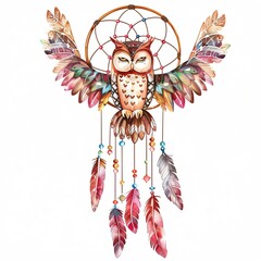 An illustration of a dreamcatcher with an owl in the center. The owl is surrounded by feathers and beads. The dreamcatcher is made of leather and sinew.