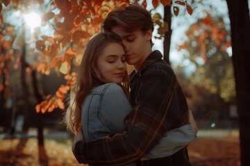 Young Caucasian Couple Embracing in the Park