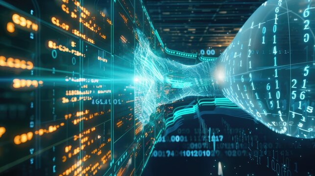 An abstract representation of a paradigm change in internet network architecture, visualized as a fluid, dynamic transformation in a digital world