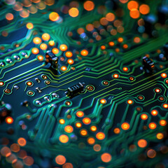 Close up of a printed computer circuit board, PCB, CPU, surface mounted components top down view.