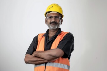 60 years old Indian male worker in uniform looking real and modern. Plain white background. mature working man, happy and smiling.