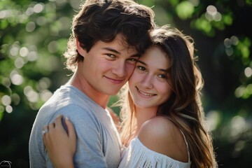 Fototapeta premium Young Caucasian Couple Embracing in the Park