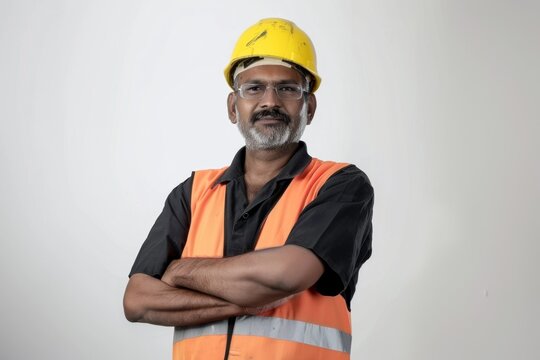 60 years old Indian male worker in uniform looking real and modern. Plain white background. mature working man, happy and smiling.