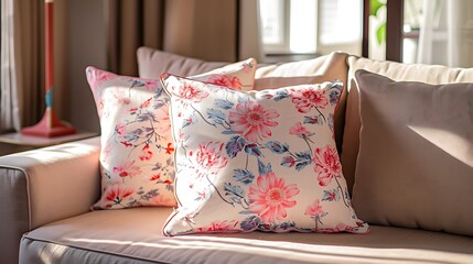 Cushion with pink floral pattern on the sofa