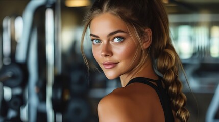 Fototapeta premium A beautiful woman in a gym with braided hair.