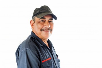Studio Photography portrait of a mature Mexican worker in uniform , happy at his job, casual and smiling. Plain white background. 3:2