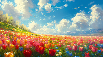 A tulip field in spring oil painting on canvas, with bright flowers and a clear blue sky